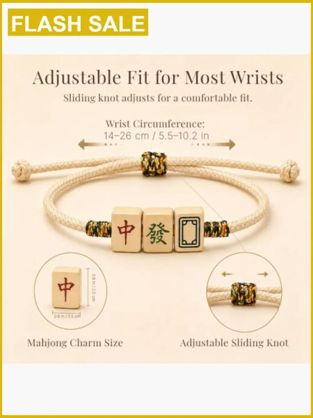 Lucky Mahjong Bracelet - Feng Shui Wealth & Success Charm, Adjustable Cord